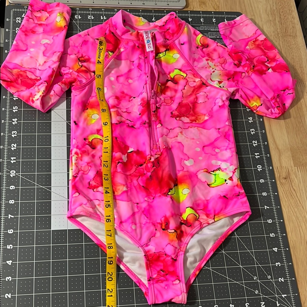 Limited Too Pink and Green Rashguard with Floral Puffed Sleeves